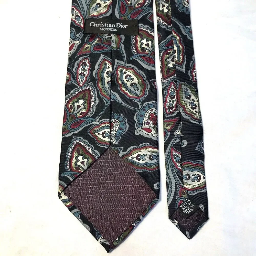 Christian Dior Tie Vintage Monsieur Leaf Paisley Floral Silk Black Red Blue Prep